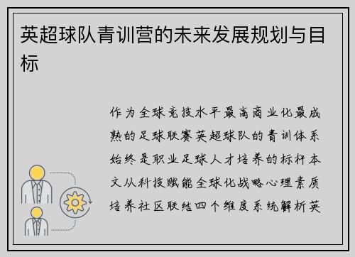 英超球队青训营的未来发展规划与目标