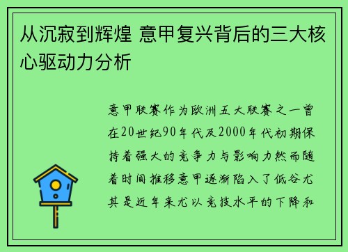从沉寂到辉煌 意甲复兴背后的三大核心驱动力分析