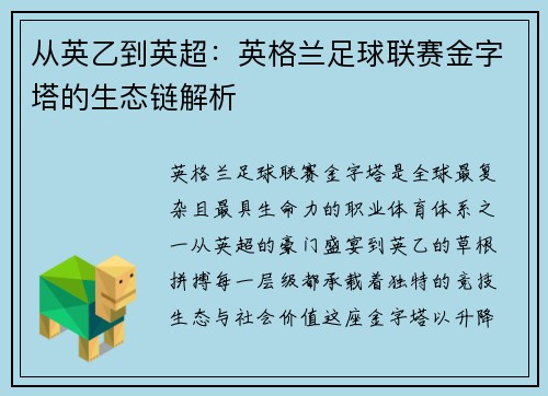 从英乙到英超：英格兰足球联赛金字塔的生态链解析